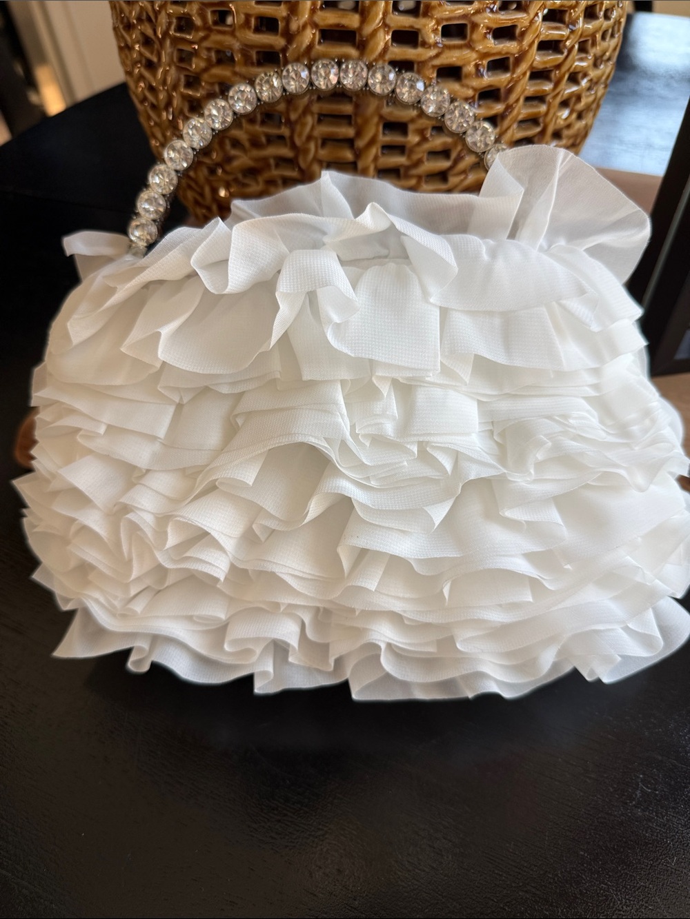 Sincerly Jules White Ruffle Clutch with Crystal Handle